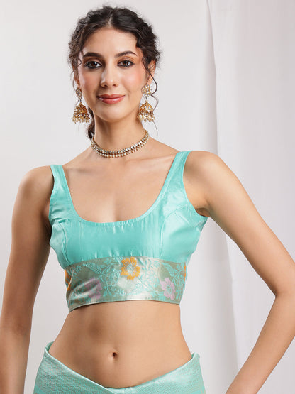 Janasya Sea Green Silk Blend Floral Jacquard Saree