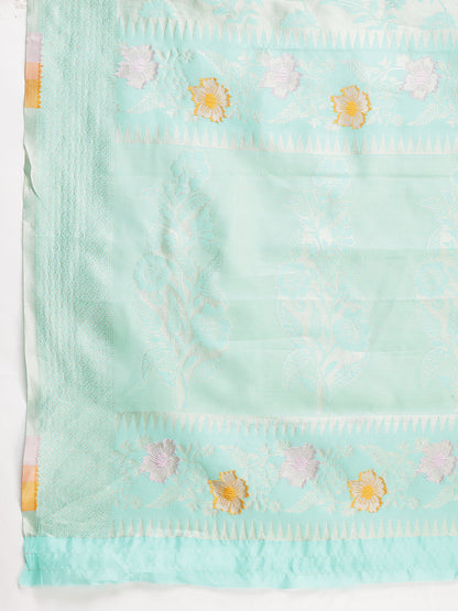 Janasya Sea Green Silk Blend Floral Jacquard Saree
