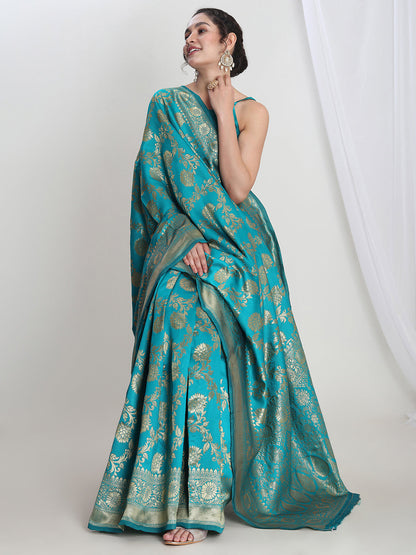 Janasya Teal Blue Silk Blend Floral Jacquard Saree