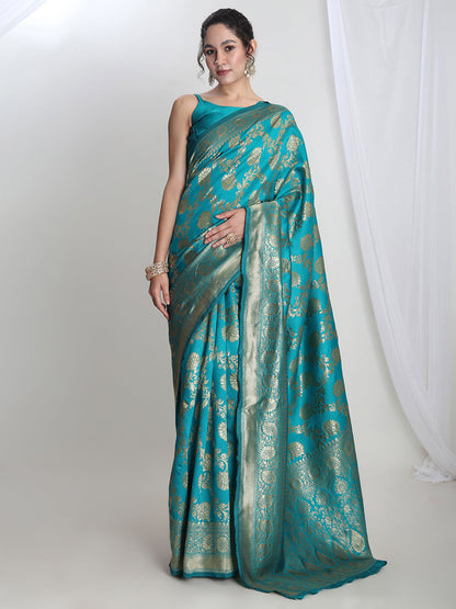 Janasya Teal Blue Silk Blend Floral Jacquard Saree