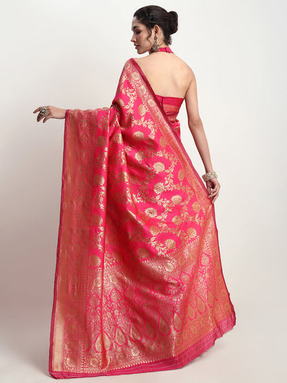Janasya Pink Silk Blend Floral Jacquard Saree