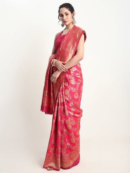 Janasya Pink Silk Blend Floral Jacquard Saree