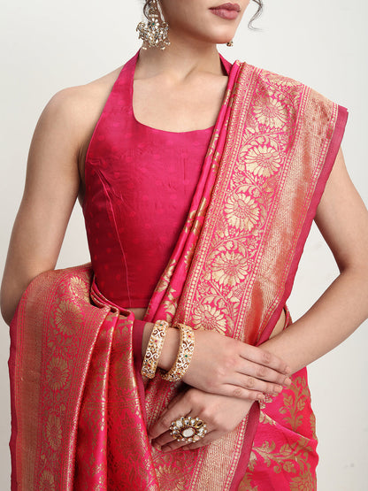 Janasya Pink Silk Blend Floral Jacquard Saree