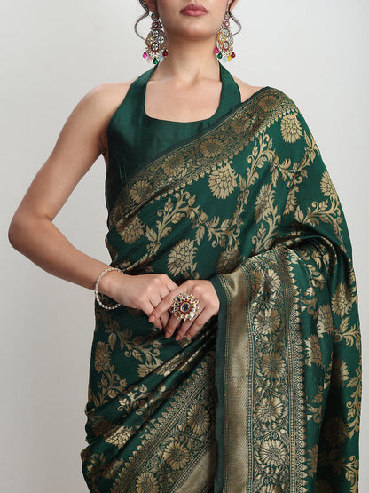Janasya Dark Green Silk Blend Floral Jacquard Saree