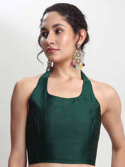 Janasya Dark Green Silk Blend Floral Jacquard Saree