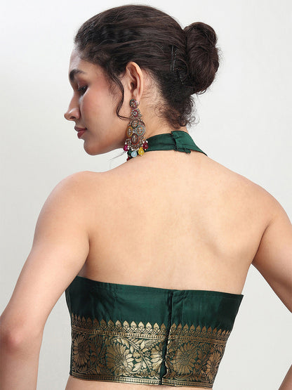 Janasya Dark Green Silk Blend Floral Jacquard Saree