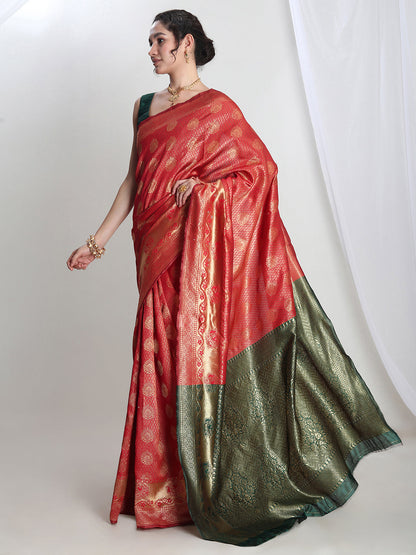 Janasya Red Silk Blend Ethnic Motifs Jacquard Saree
