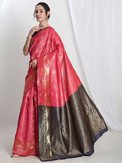 Janasya Pink Silk Blend Ethnic Motifs Jacquard Saree