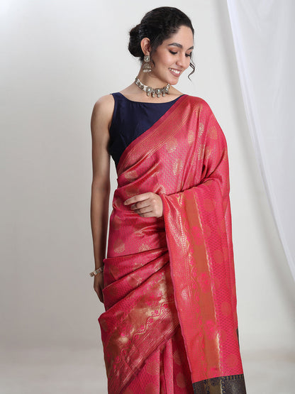 Janasya Pink Silk Blend Ethnic Motifs Jacquard Saree