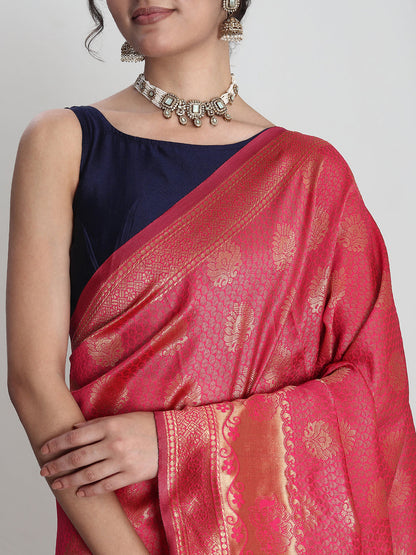 Janasya Pink Silk Blend Ethnic Motifs Jacquard Saree
