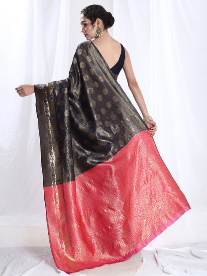 Janasya Navy Blue Silk Blend Ethnic Motifs Jacquard Saree