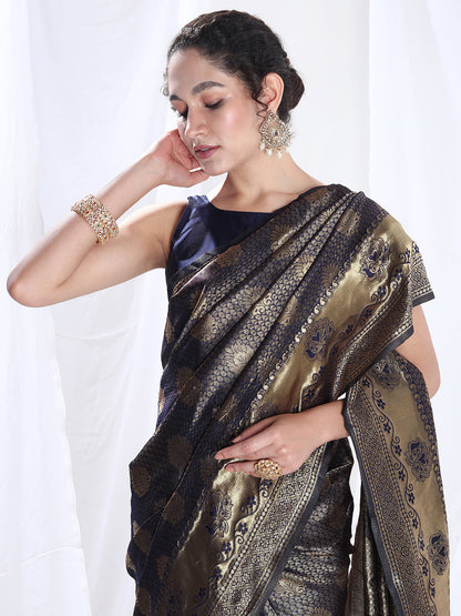 Janasya Navy Blue Silk Blend Ethnic Motifs Jacquard Saree