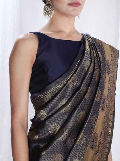 Janasya Navy Blue Silk Blend Ethnic Motifs Jacquard Saree