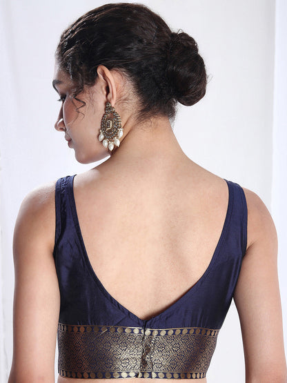 Janasya Navy Blue Silk Blend Ethnic Motifs Jacquard Saree