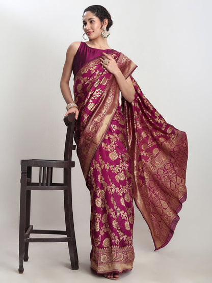 Janasya Purple Silk Blend Floral Jacquard Saree
