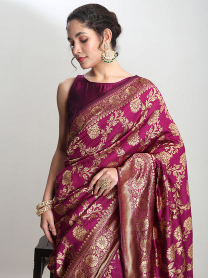 Janasya Purple Silk Blend Floral Jacquard Saree