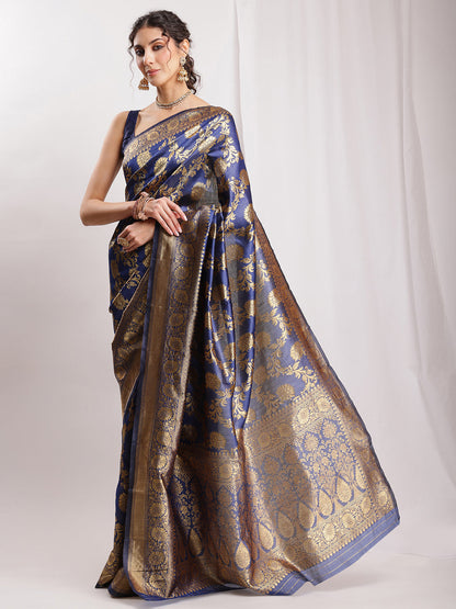 Janasya Navy Blue Silk Blend Floral Jacquard Saree