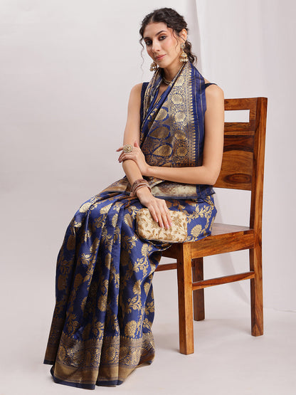 Janasya Navy Blue Silk Blend Floral Jacquard Saree