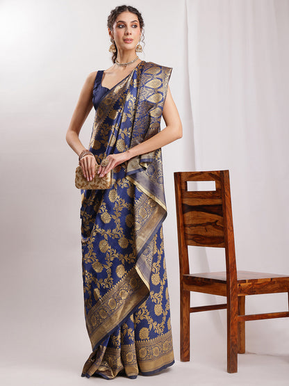 Janasya Navy Blue Silk Blend Floral Jacquard Saree