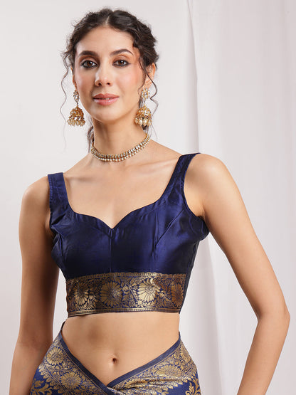 Janasya Navy Blue Silk Blend Floral Jacquard Saree