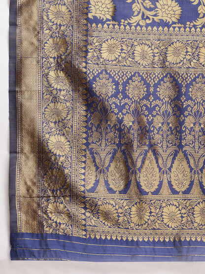 Janasya Navy Blue Silk Blend Floral Jacquard Saree