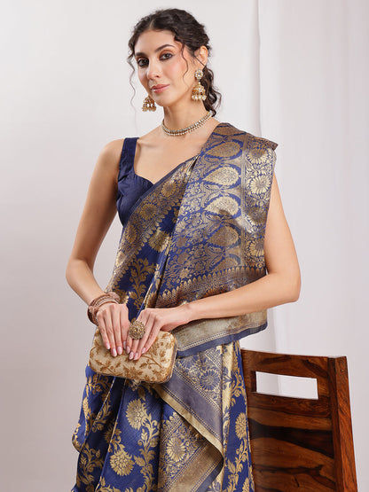 Janasya Navy Blue Silk Blend Floral Jacquard Saree