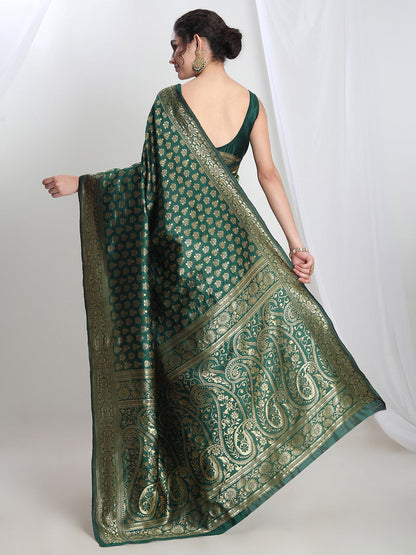 Janasya Dark Green Silk Blend Floral Jacquard Saree