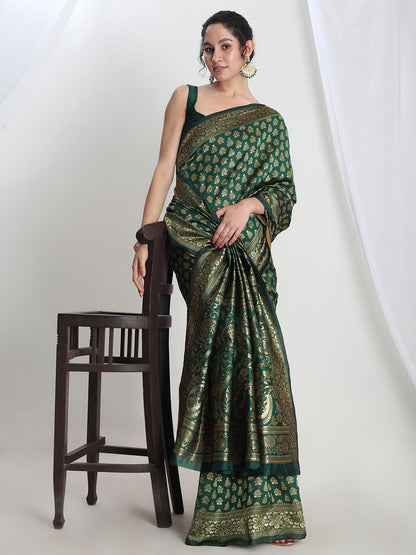 Janasya Dark Green Silk Blend Floral Jacquard Saree