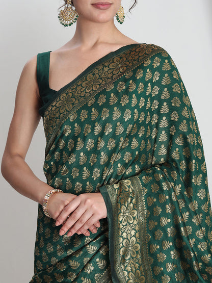 Janasya Dark Green Silk Blend Floral Jacquard Saree