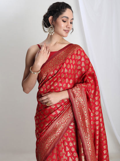 Janasya Red Silk Blend Floral Jacquard Saree