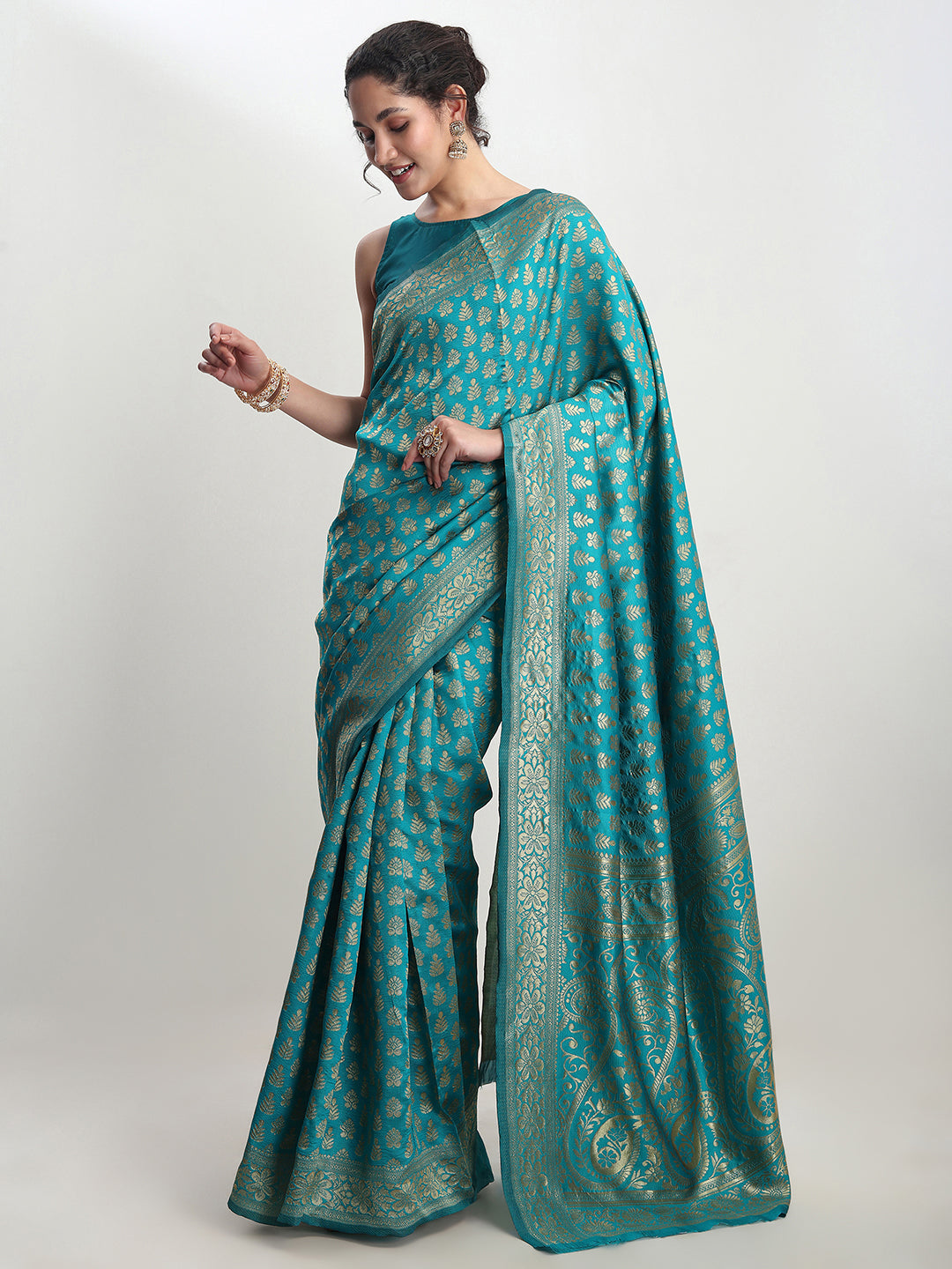 Janasya Turquoise Silk Blend Ethnic Motifs Jacquard Saree