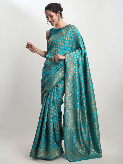 Janasya Turquoise Silk Blend Ethnic Motifs Jacquard Saree