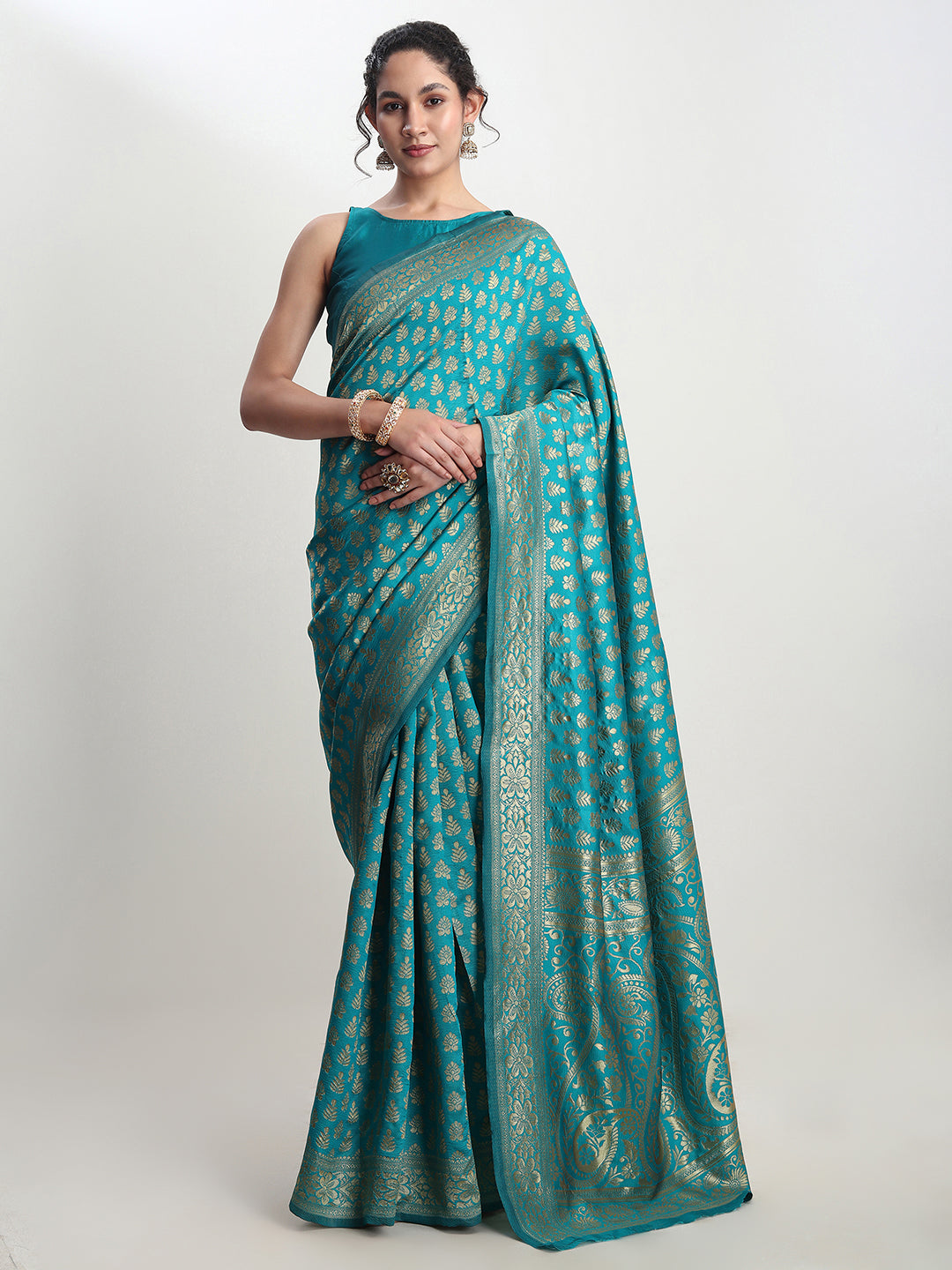 Janasya Turquoise Silk Blend Ethnic Motifs Jacquard Saree