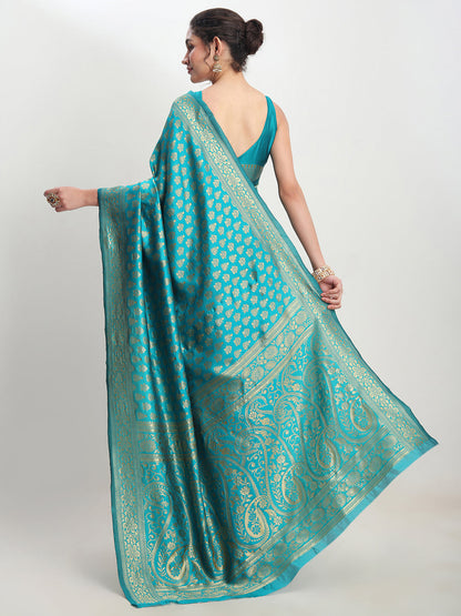 Janasya Turquoise Silk Blend Ethnic Motifs Jacquard Saree
