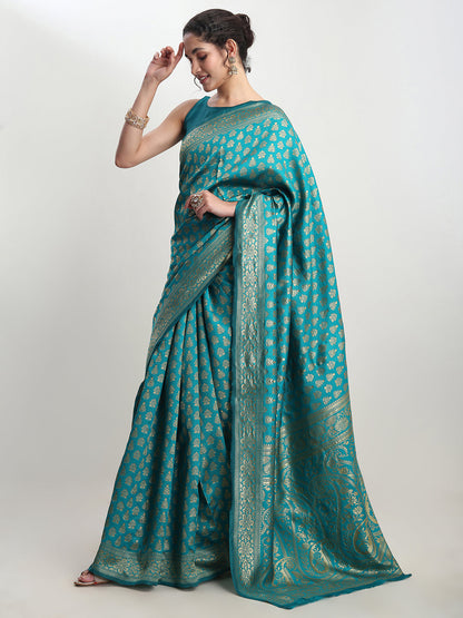 Janasya Turquoise Silk Blend Ethnic Motifs Jacquard Saree