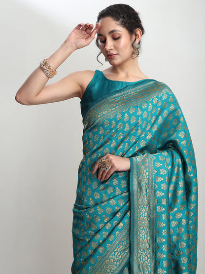 Janasya Turquoise Silk Blend Ethnic Motifs Jacquard Saree