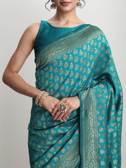 Janasya Turquoise Silk Blend Ethnic Motifs Jacquard Saree