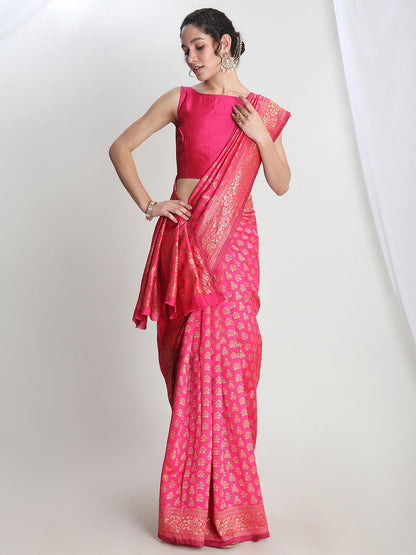 Janasya Pink Silk Blend Floral Jacquard Saree