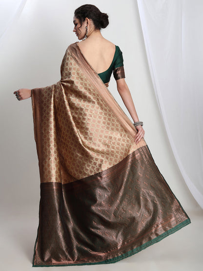 Janasya Beige Silk Blend Ethnic Motifs Jacquard Saree