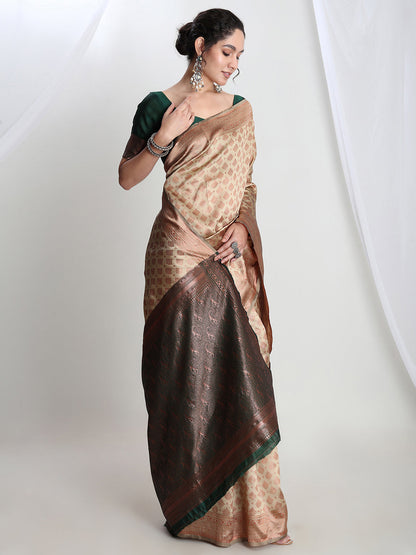 Janasya Beige Silk Blend Ethnic Motifs Jacquard Saree