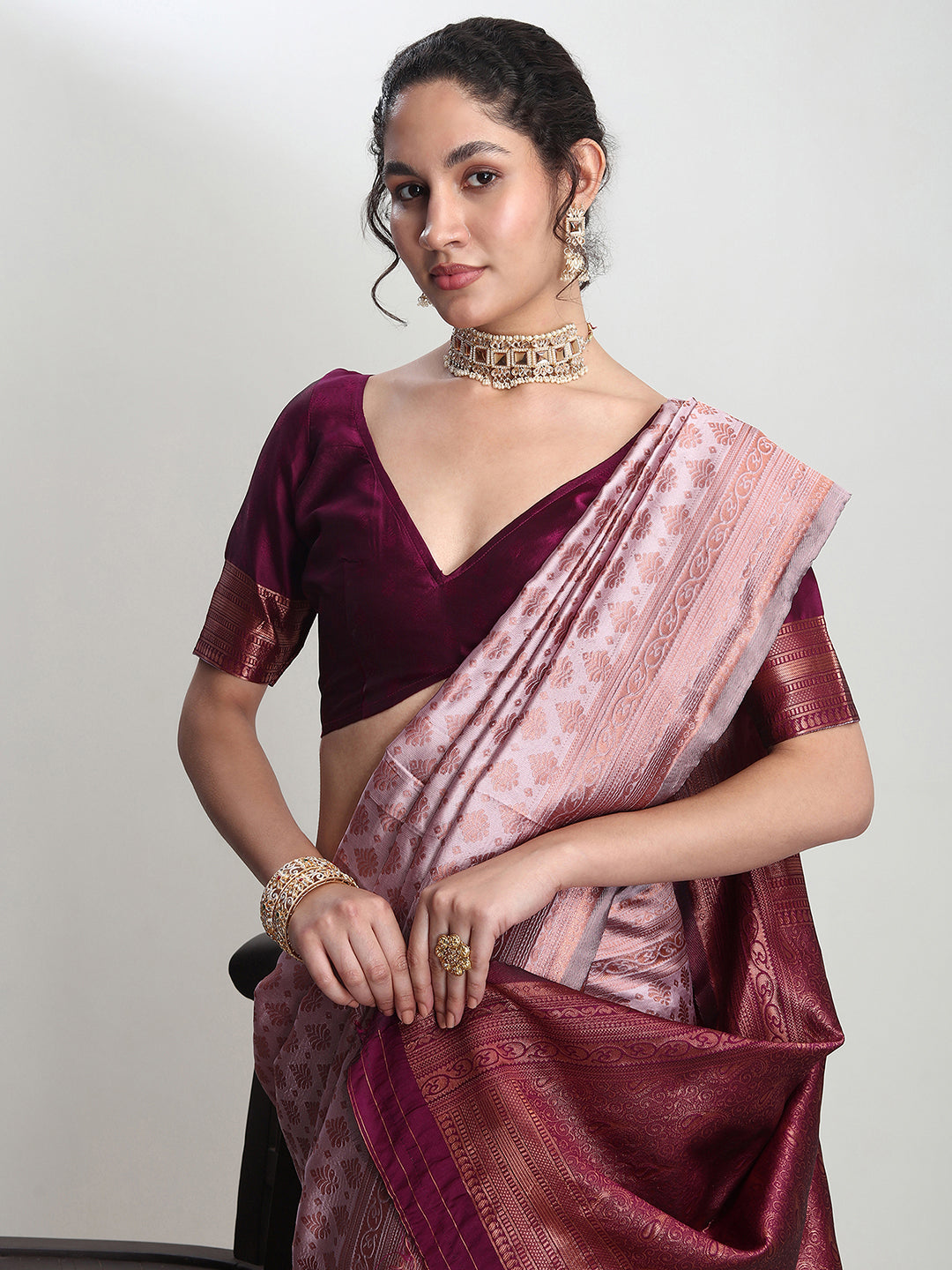 Janasya Dusty Pink Silk Blend Ethnic Motifs Jacquard Saree