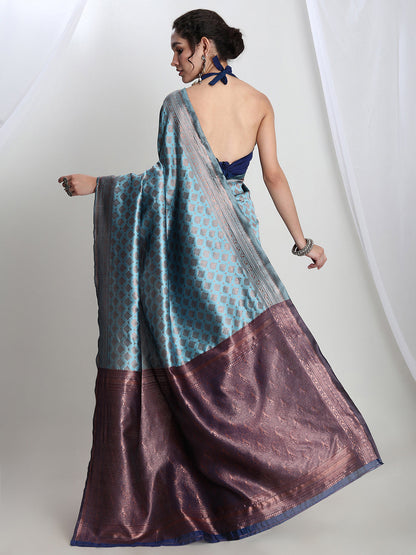 Janasya Light Blue Silk Blend Ethnic Motifs Jacquard Saree