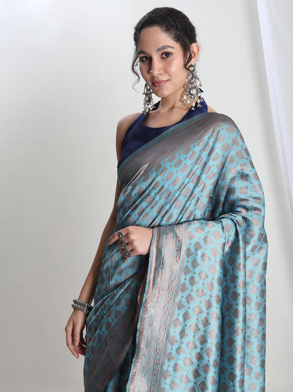 Janasya Light Blue Silk Blend Ethnic Motifs Jacquard Saree