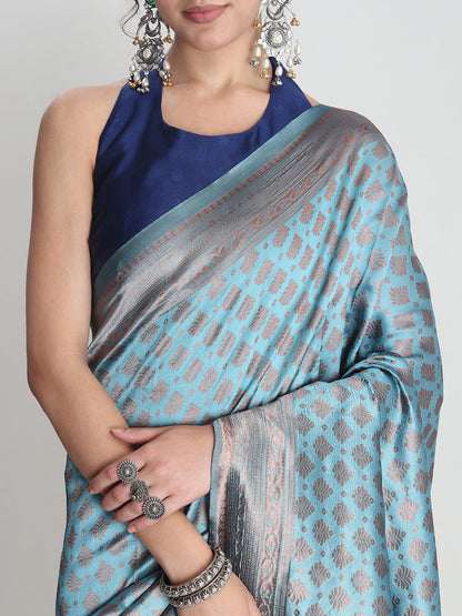 Janasya Light Blue Silk Blend Ethnic Motifs Jacquard Saree