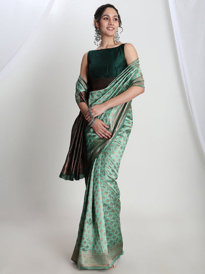 Janasya Light Green Silk Blend Ethnic Motifs Jacquard Saree