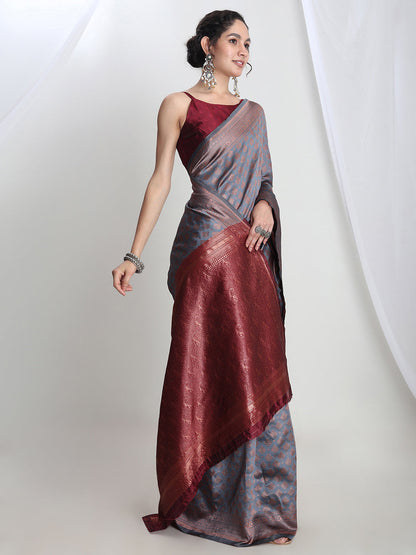 Janasya Grey Silk Blend Ethnic Motifs Jacquard Saree