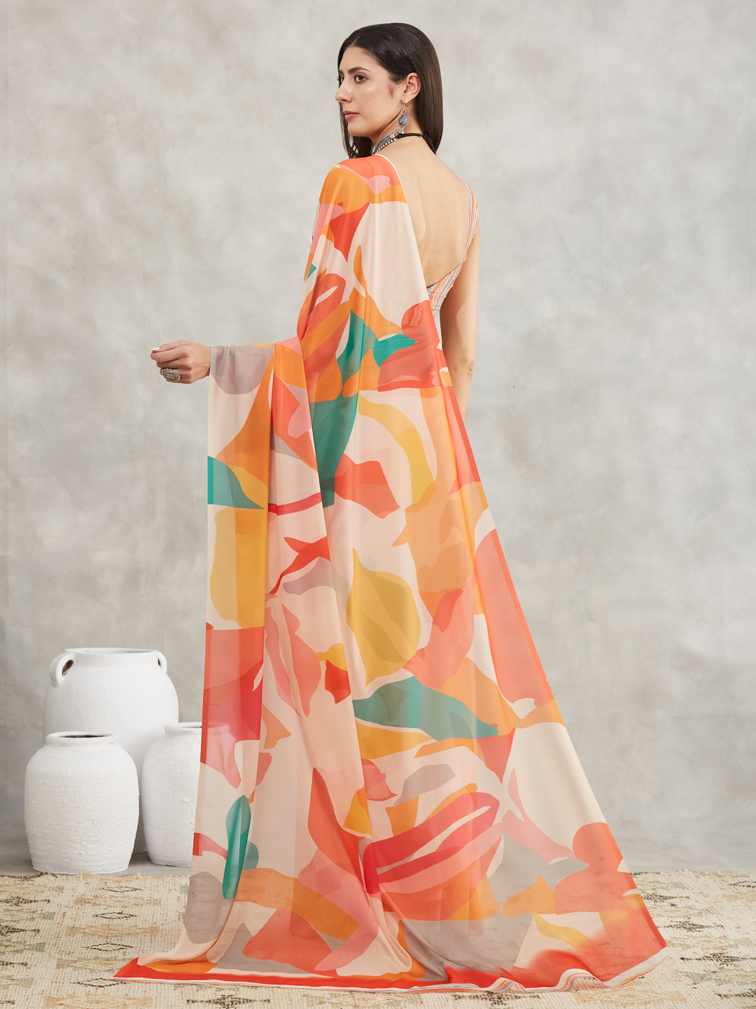 Janasya Multicolor Georgette Abstract Printed Saree