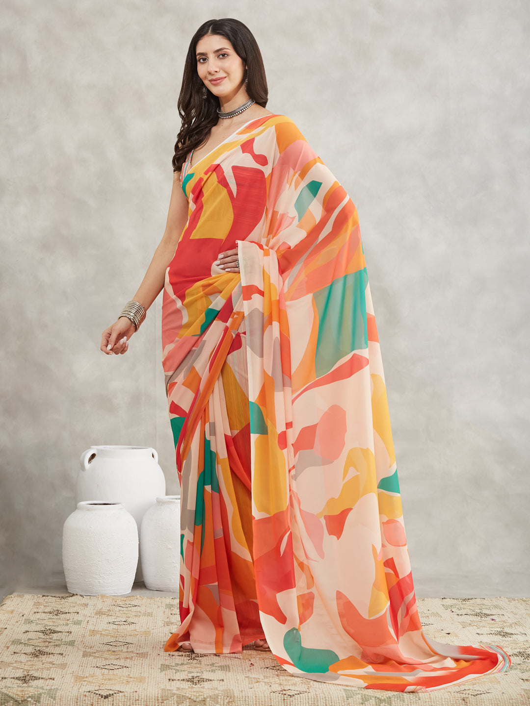 Janasya Multicolor Georgette Abstract Printed Saree
