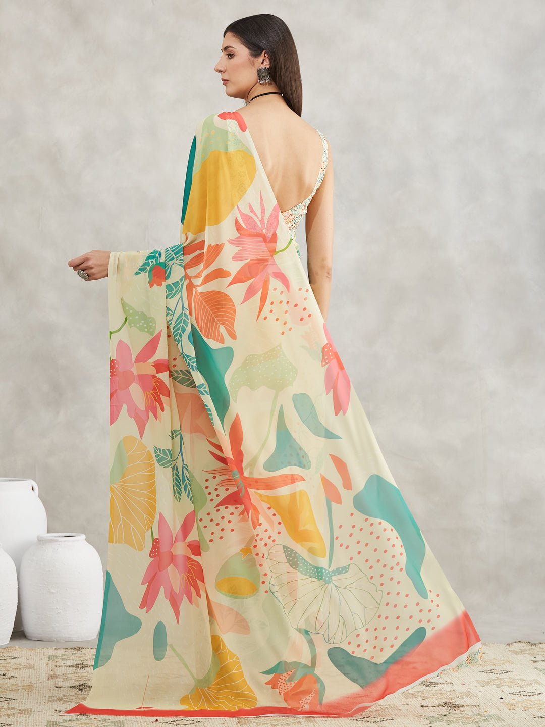 Janasya Multicolor Georgette Tropical Printed Saree
