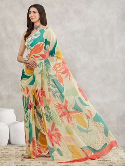 Janasya Multicolor Georgette Tropical Printed Saree